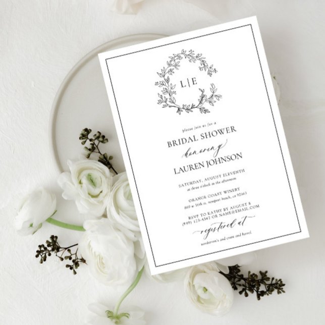 Monogramm-Brautparty aus weißem schwarzem Wappen Einladung (Bridal Shower Invitation!)