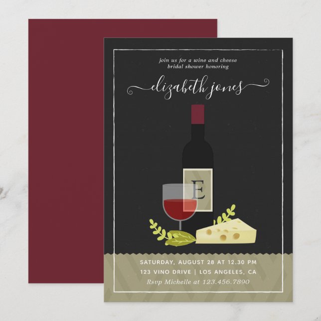 Monogramm Brautparty für Wein und Käse Einladung (Vorne/Hinten)