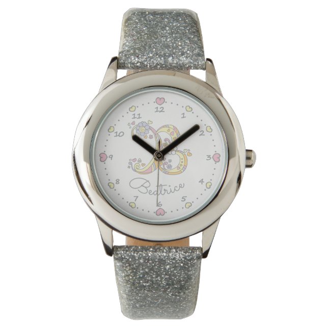 Monogramm Brief B Doodle Herzmädchen Beatrice Name Armbanduhr (Vorderseite)