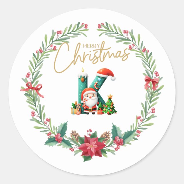 Monogramm Brief K, Weihnachtsfeier mit dem Weihnac Runder Aufkleber (Vorderseite)