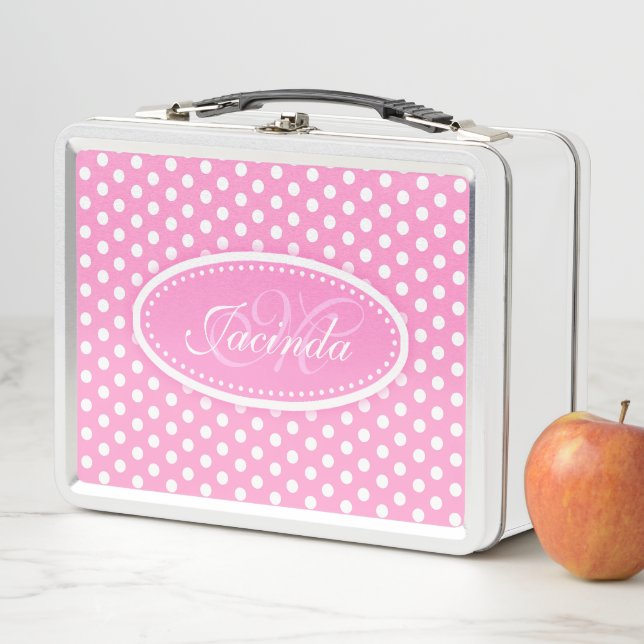 MONOGRAMM-Brotdose der rosa Mädchen des Tupfens Metall Lunch Box (Beispiel)