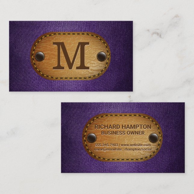 Monogramm | Brown Leather | Lila Gewebe Visitenkarte (Vorne/Hinten)