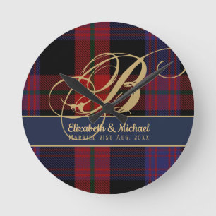 Monogramm BROWN Tartan Blau Rot Frischvermählte Ho Runde Wanduhr