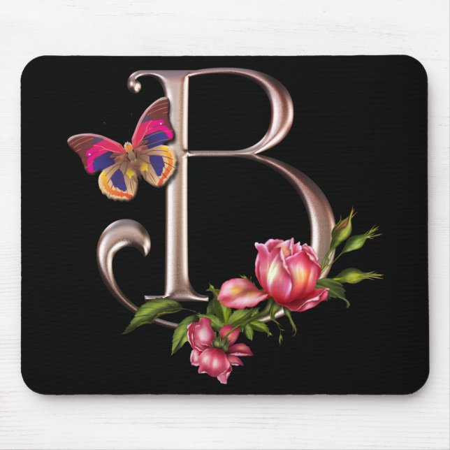 MONOGRAMM-BUCHSTABE B MIT ROSEN UND SCHMETTERLING MOUSEPAD (Vorne)