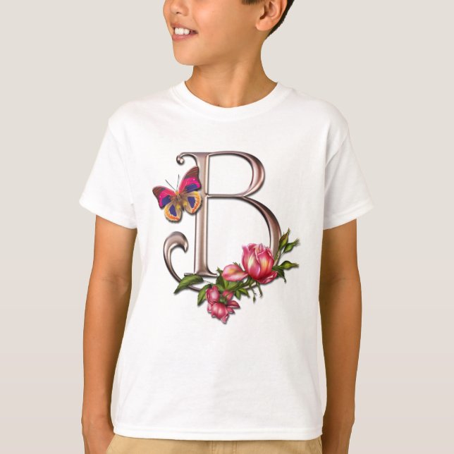 MONOGRAMM-BUCHSTABE B MIT ROSEN UND SCHMETTERLING T-Shirt (Vorderseite)