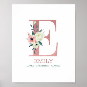 Monogramm Buchstabe E Rosa Aquarell Blumennursery Poster