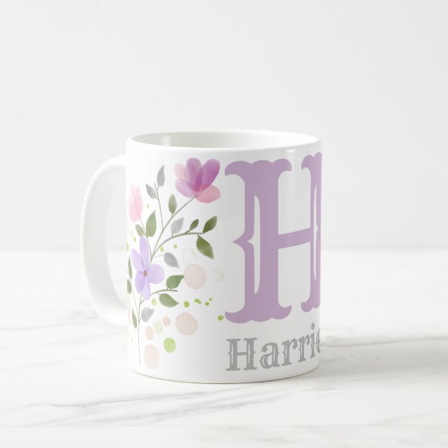 Monogramm Buchstabe H & Name mit Blumen Kaffeetasse (Vorderseite Links)