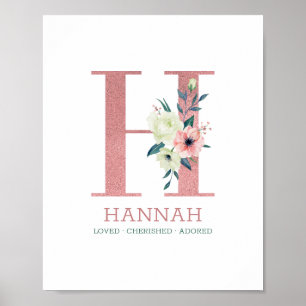 Monogramm Buchstabe H Rosa Aquarell Blumen Kinderz Poster