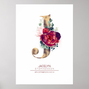 Monogramm Buchstabe J Floral Burgunderrot und Gold Poster