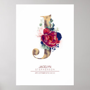 Monogramm Buchstabe J Floral Navyblau und Burgunde Poster