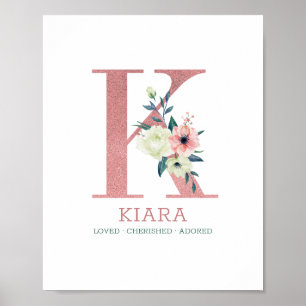 Monogramm Buchstabe K Rosa Wasserfarbe Florales Ki Poster
