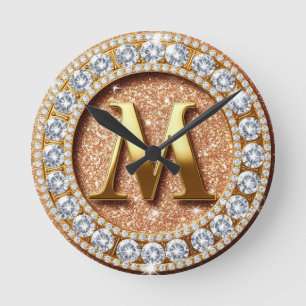 Monogramm Buchstabe M auf rosa-gold glitzerndem Hi Runde Wanduhr