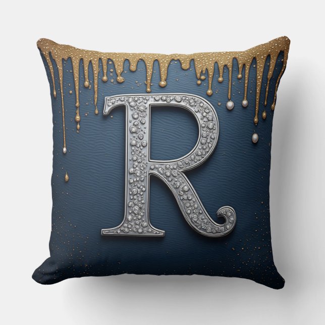 Monogramm Buchstabe R Navy Gold Perle Initial Desi Kissen (Vorderseite)