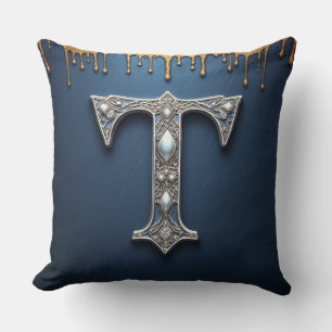 Monogramm Buchstabe T Navy Gold tropfende Farbe Kissen