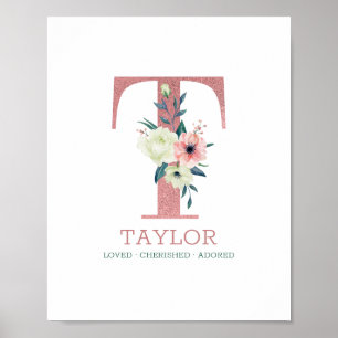 Monogramm Buchstabe T Rosa Wasserfarbe Florale Kin Poster