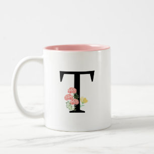 Monogramm Buchstabe T Wasserfarben Blumen rosa Spr Zweifarbige Tasse