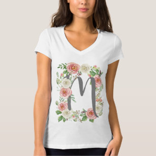 Monogramm-Buchstabem Watercolor-Rosen-Blumenlaub T-Shirt