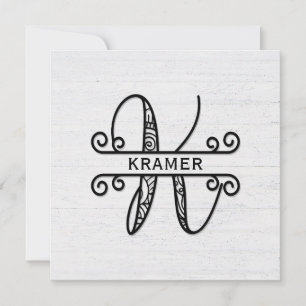 Monogramm Buchstaben K mit Familienname Mitteilungskarte
