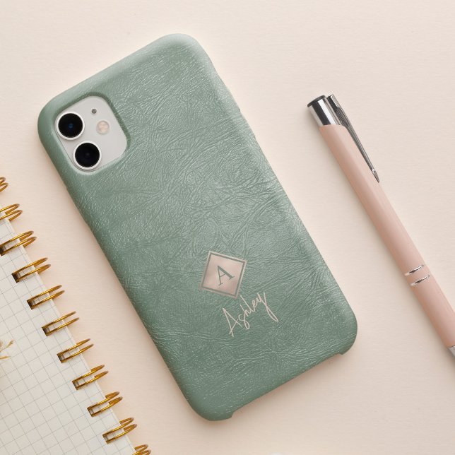 Monogramm Buchstaben und Skriptname Salbei Leder Case-Mate iPhone Hülle (Von Creator hochgeladen)