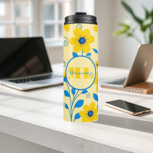 Monogramm Butter Gelb und Blau Thermosbecher