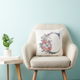 Monogramm C Florales Wasserfarben Blau Pfirsich Ro Kissen