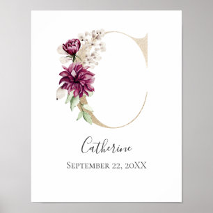 Monogramm C Rosa Weiß Blumen Gold Buchstabe Kinder Poster