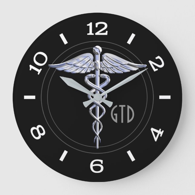 Monogramm Caduceus Medical Symbol auf Schwarz Große Wanduhr (Vorderseite)