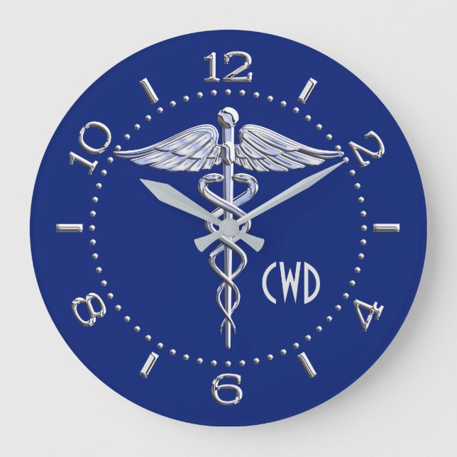 Monogramm Caduceus Medizinisches Symbol auf blau Große Wanduhr (Vorderseite)