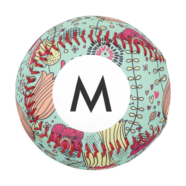 Monogramm Cartoon Blumenmuster mit Vögeln Baseball (Vorderseite Links)