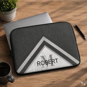 Monogramm Chevron Geometrisch Schwarz Silber Marmo Laptopschutzhülle