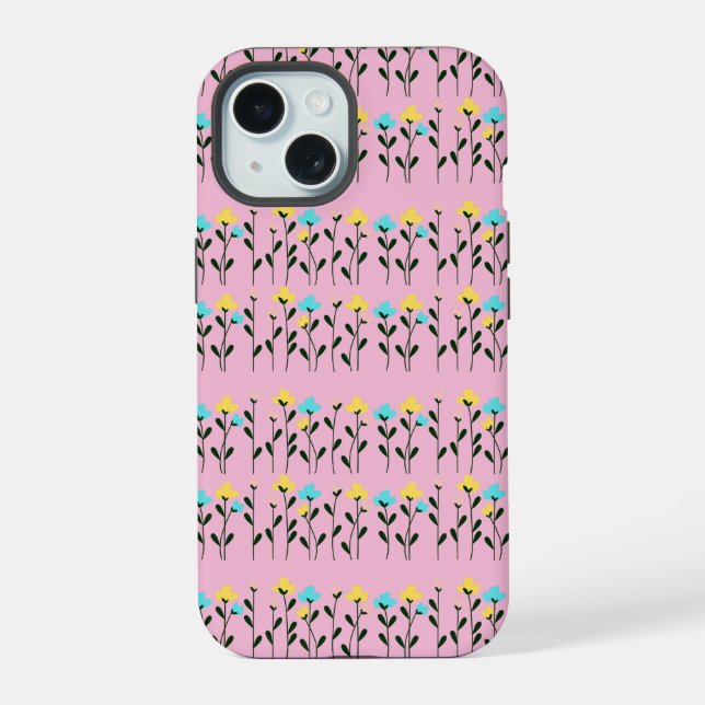 Monogramm Chic Grau Blumenmuster  iPhone 15 Hülle (Rückseite)
