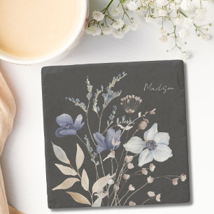 Monogramm Chic Pretty Watercolor Blau Floral Steinuntersetzer