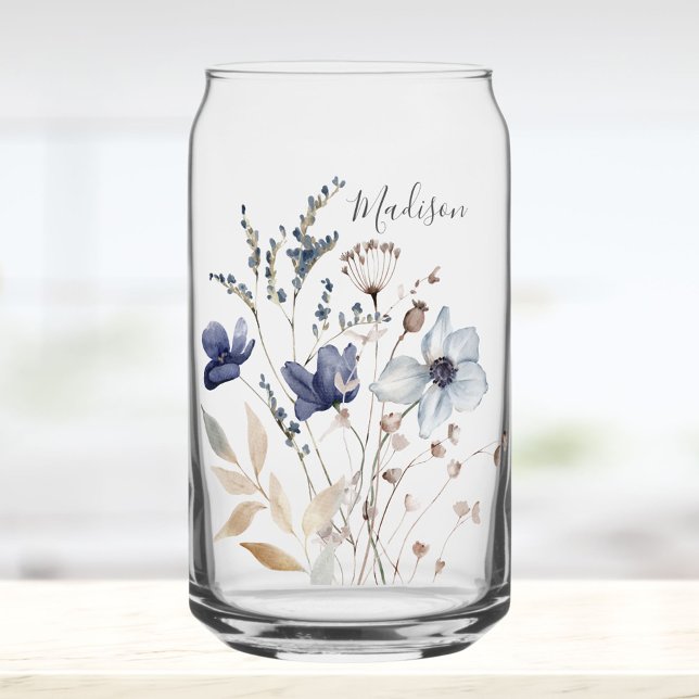 Monogramm Chic Pretty Watercolor Blaue Blumen Dosenglas (In situ)