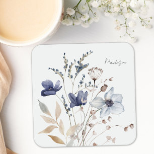 Monogramm Chic Pretty Watercolor Blaue Blumen Rechteckiger Pappuntersetzer
