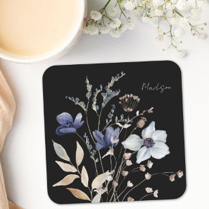Monogramm Chic Pretty Watercolor Blaue Blumen Rechteckiger Pappuntersetzer