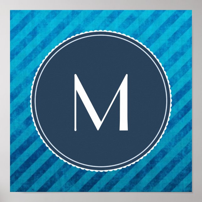 Monogramm Circle on Blue Diagonal Stripes Poster (Vorne)