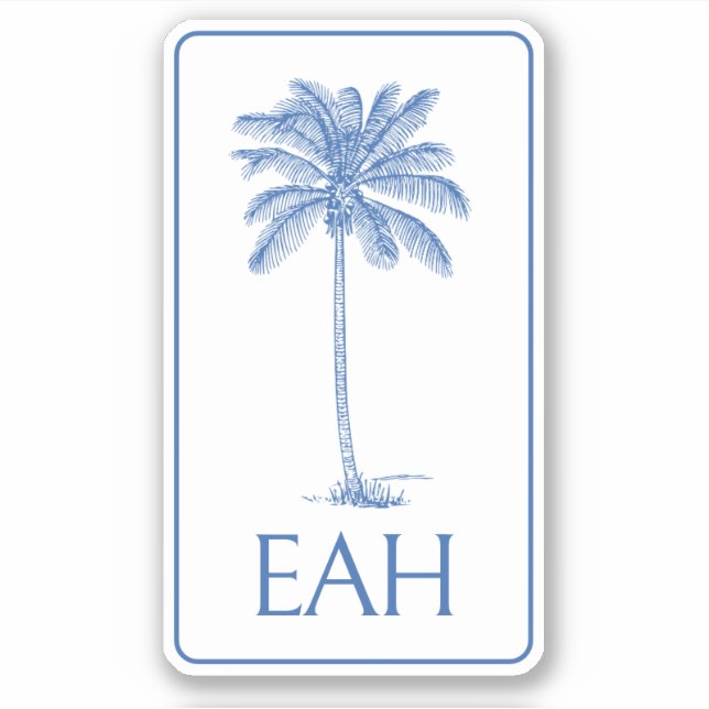 Monogramm Coastal Blue and White Palm Tree Aufkleber (Vorderseite)