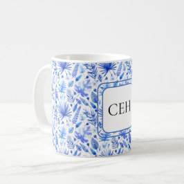Monogramm, Cobalt Blue Tropical Blätter Muster 11o Kaffeetasse