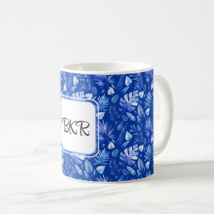 Monogramm, Cobalt Blue Tropical Blätter Muster 11o Kaffeetasse