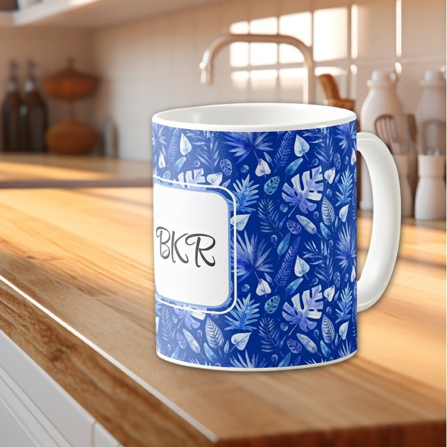 Monogramm, Cobalt Blue Tropical Blätter Muster 11o Kaffeetasse (Von Creator hochgeladen)