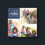 Monogramm-Collage-Canvas für benutzerdefinierte Pr Leinwanddruck<br><div class="desc">Monogramm-Collage-Canvas für benutzerdefinierte Produktfamilie | Preppy Navy Blue. Elke Clarke © für Monogram Gallery. Elegante mit Monogramm Leinwand Wandkunst-Vorlage können Sie mit 3 (3) Ihrer eigenen Fotos in einer Foto-Collage arrangieren. Personalisieren Sie Ihren Familiennamen in einem Schriftart mit weißem Skript und in der links oberen Ecke auf marinebaublauem Hintergrund in...</div>