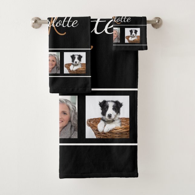 Monogramm-Collage-Skript für Schwarzes Foto Badhandtuch Set (Insitu)