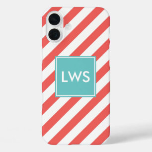 Monogramm Coral und Mint Diagonal Streifen iPhone 16 Plus Hülle