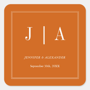 Monogramm Couple Name Einfach Orange und Weiß bren Quadratischer Aufkleber