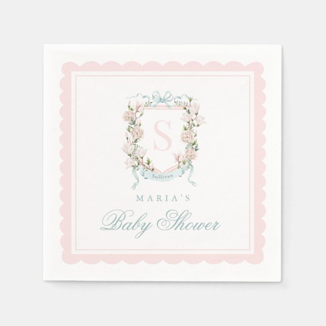 Monogramm Crest Pink Schleifen-Rüsche Serviette (Vorderseite)
