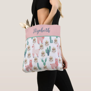 Monogramm Cute Pink Lama Grüne Kaktus-Tasche