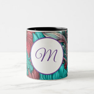 Monogramm, Cyan Blue Red Blume Zweifarbige Tasse