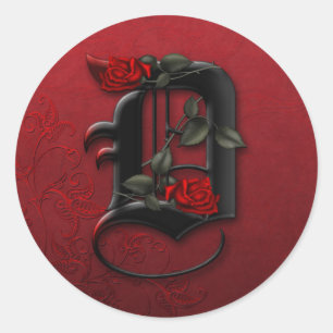 Monogramm-D-Aufkleber für Schwarz und Rote Rose Runder Aufkleber