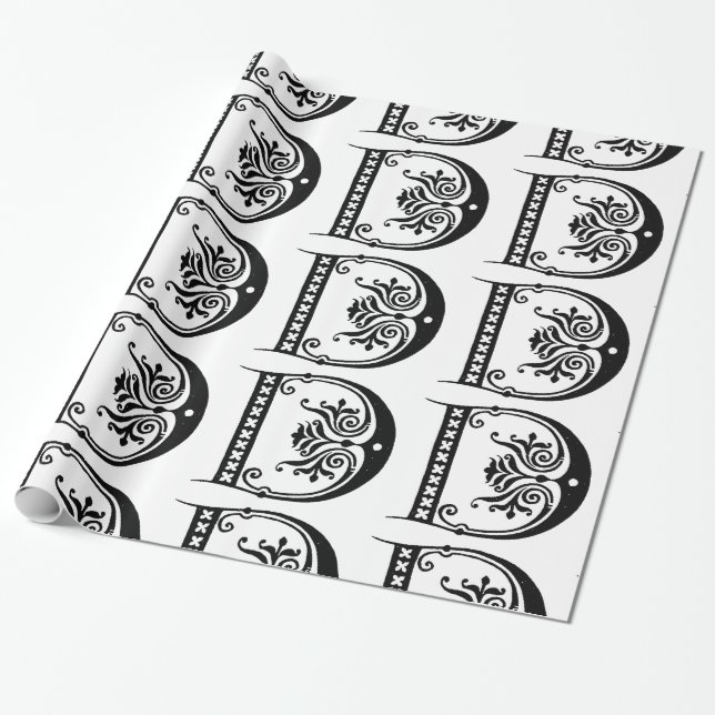 Monogramm D Initial Black and White Floral Pattern Geschenkpapier (Ungerollt)
