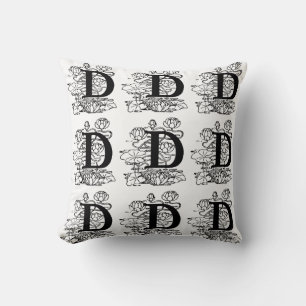 Monogramm D Initial Black and White Floral Pattern Kissen